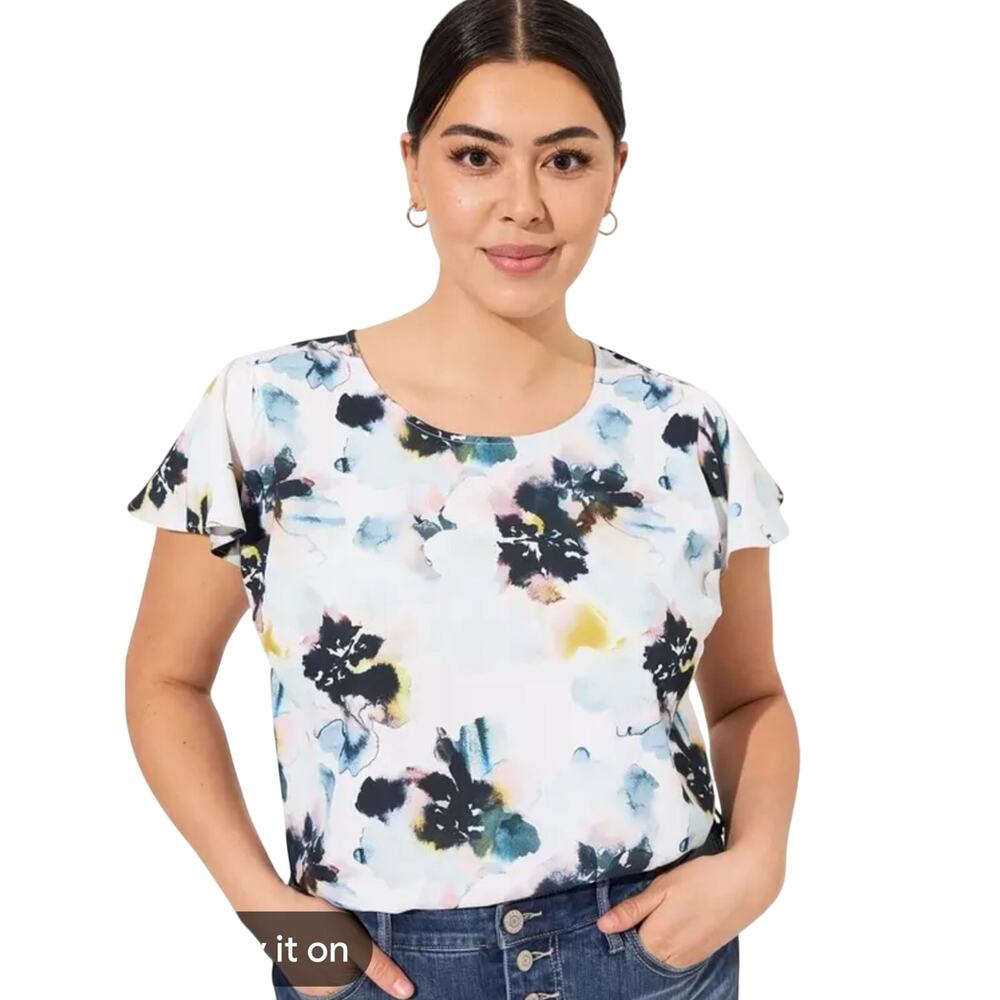 torrid White Floral Watercolor Flutter Sleeve Top 5X new with tag